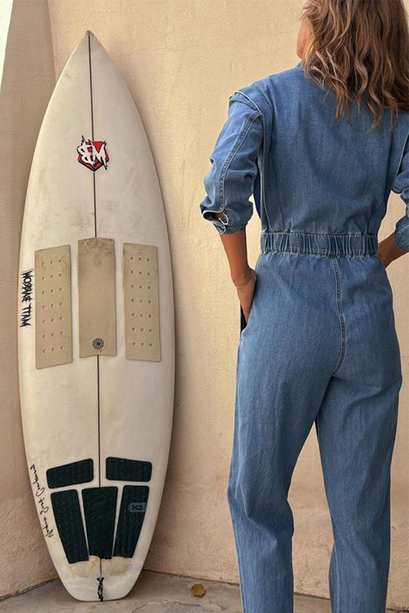 Combinaisons en jean casual, couleur unie, effet usé, poches, boucle, col rond, manches longues, taille standard.