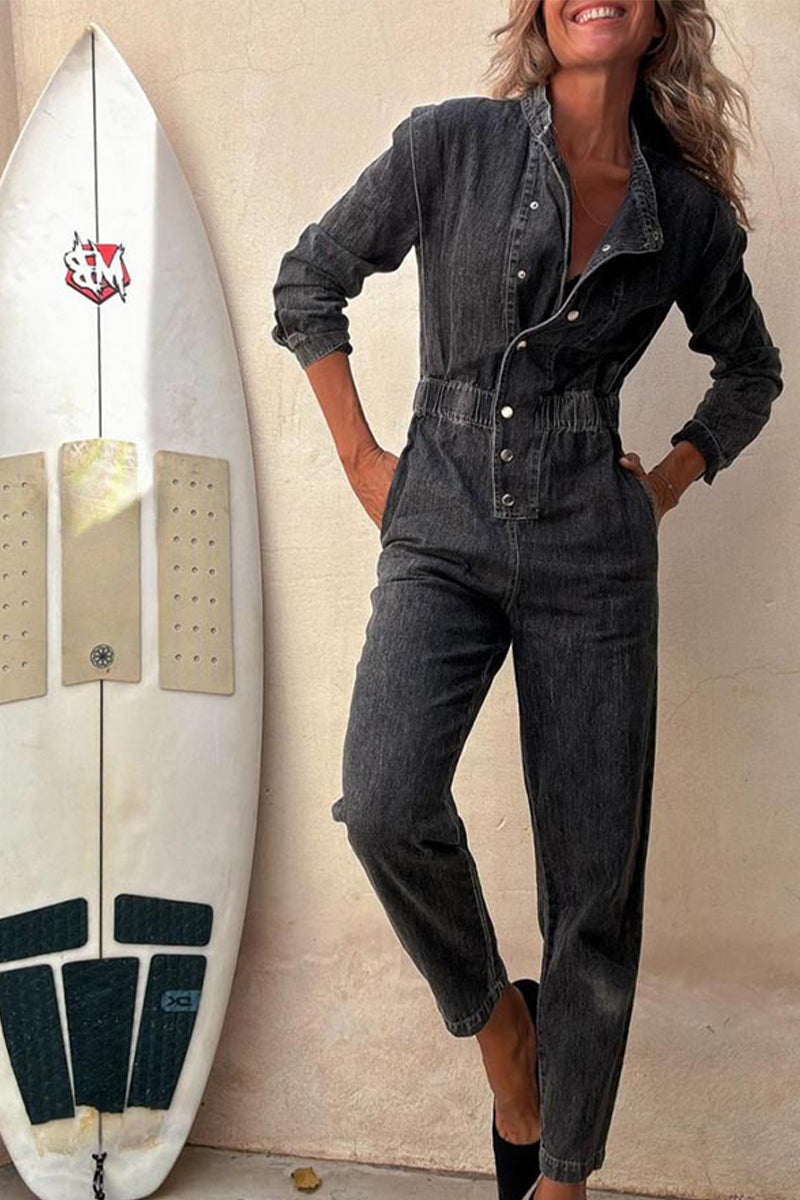 Combinaisons en jean casual, couleur unie, effet usé, poches, boucle, col rond, manches longues, taille standard.