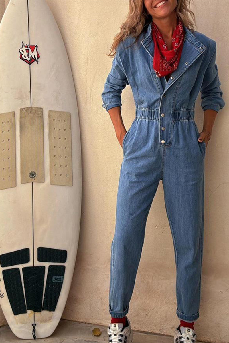 Combinaisons en jean casual, couleur unie, effet usé, poches, boucle, col rond, manches longues, taille standard.