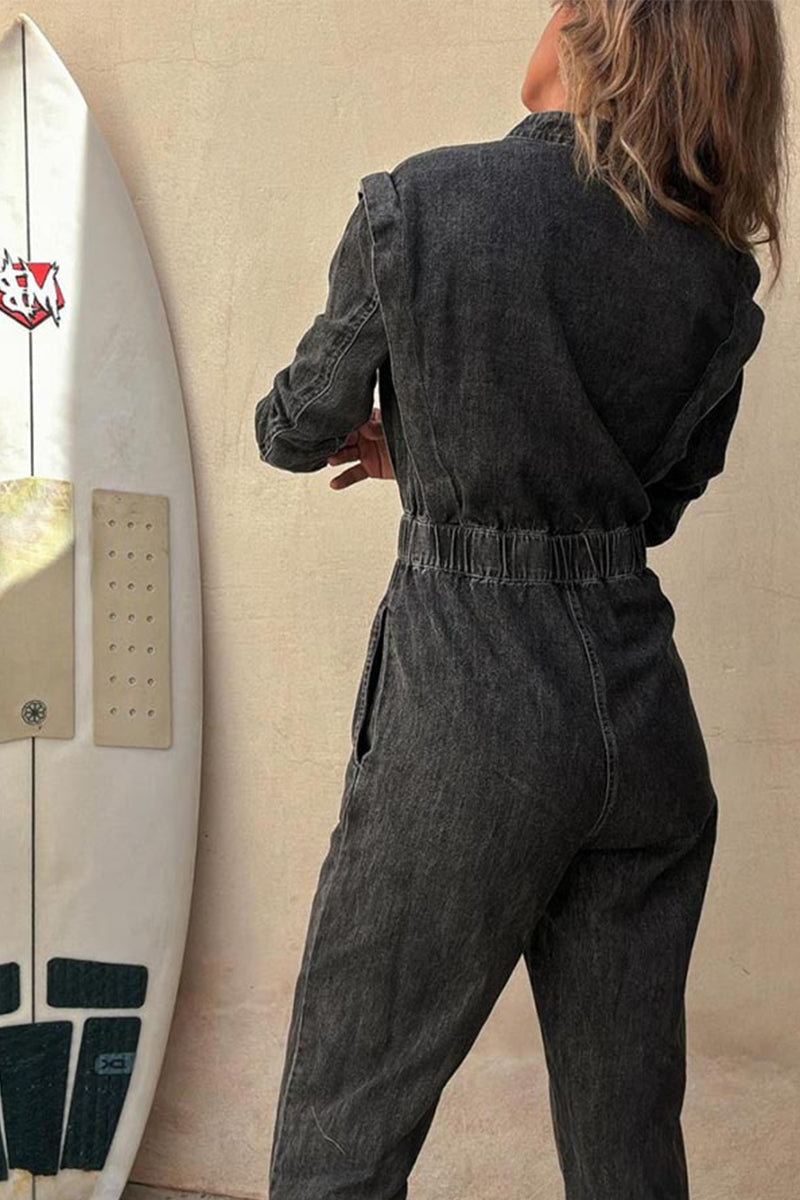 Combinaisons en jean casual, couleur unie, effet usé, poches, boucle, col rond, manches longues, taille standard.