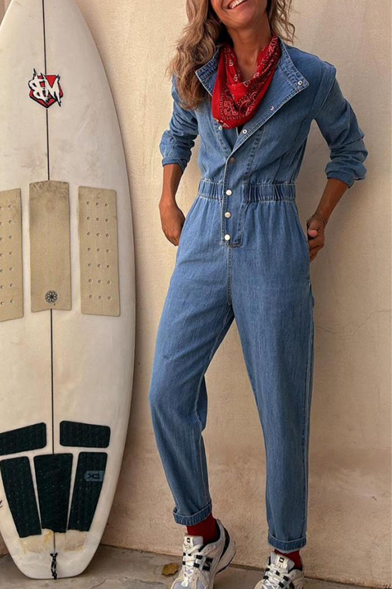 Combinaisons en jean casual, couleur unie, effet usé, poches, boucle, col rond, manches longues, taille standard.