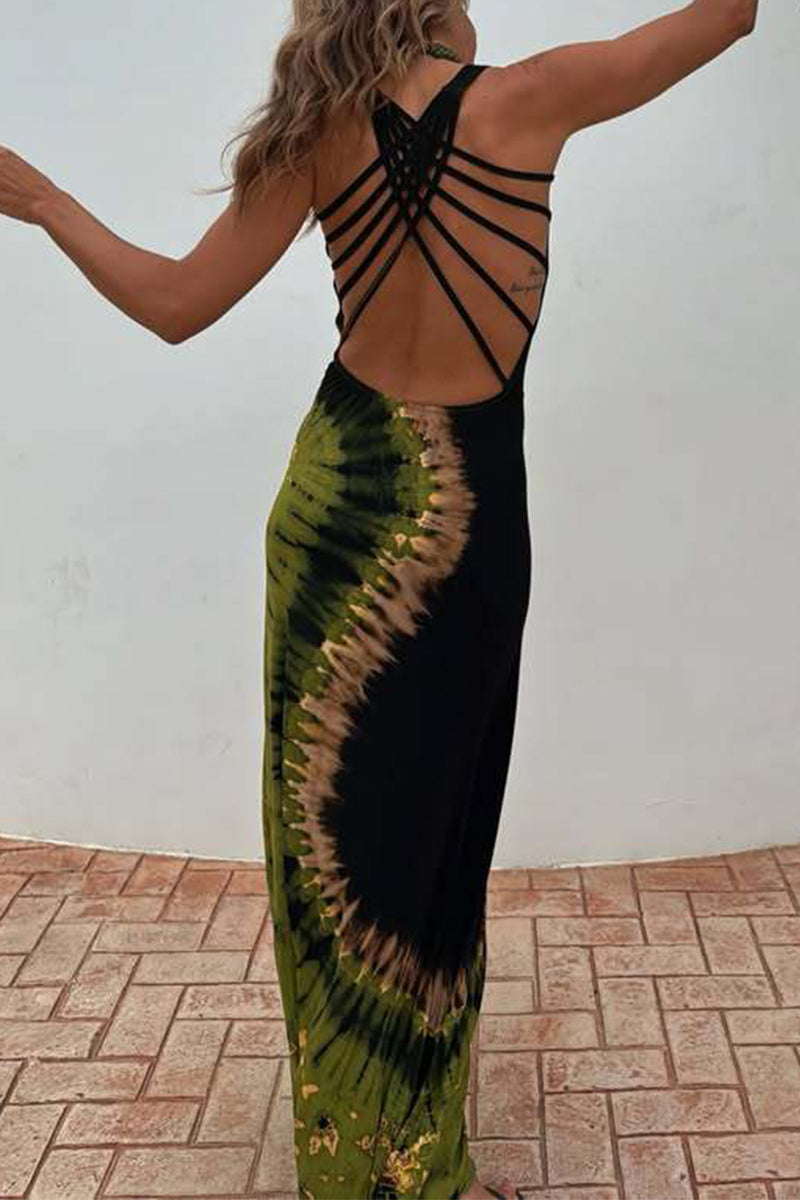 Sexy Tie Dye Backless Contrast U Neck Long Dresses(No accessories)
