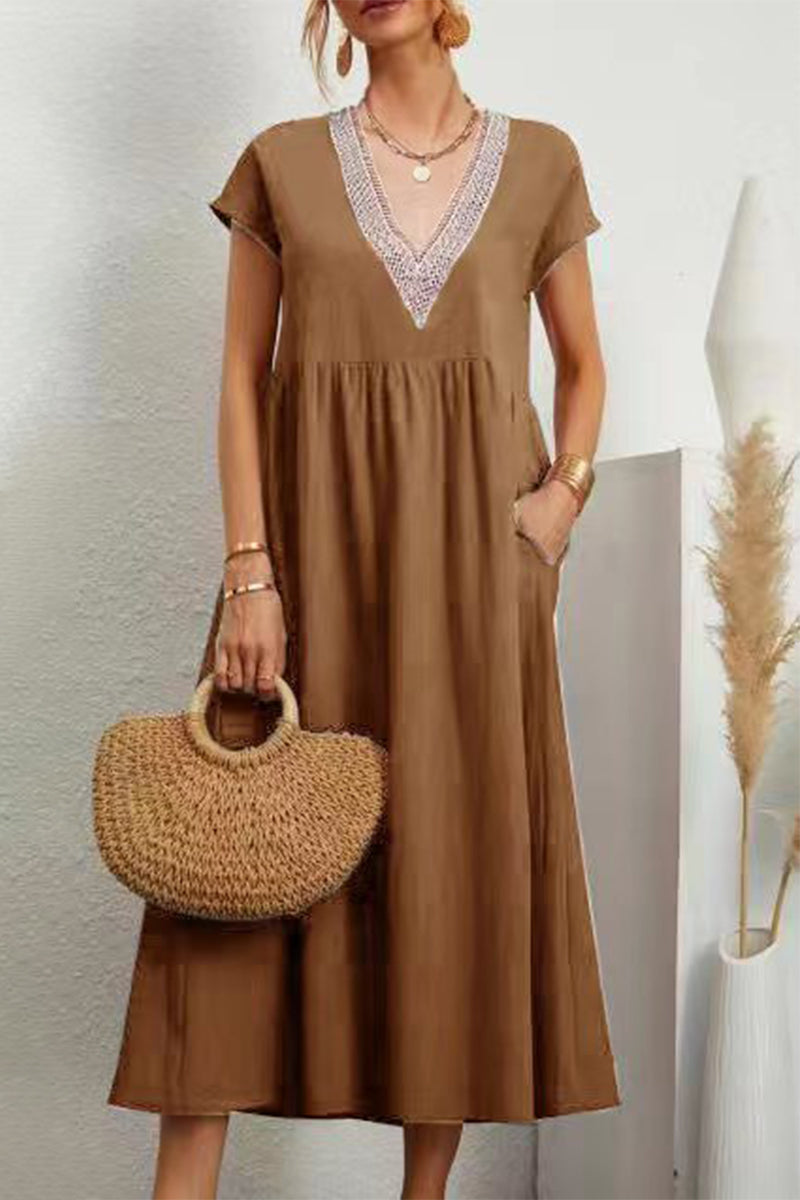 Casual Solid Color Pocket V Neck Short Sleeve Short Sleeve Dress