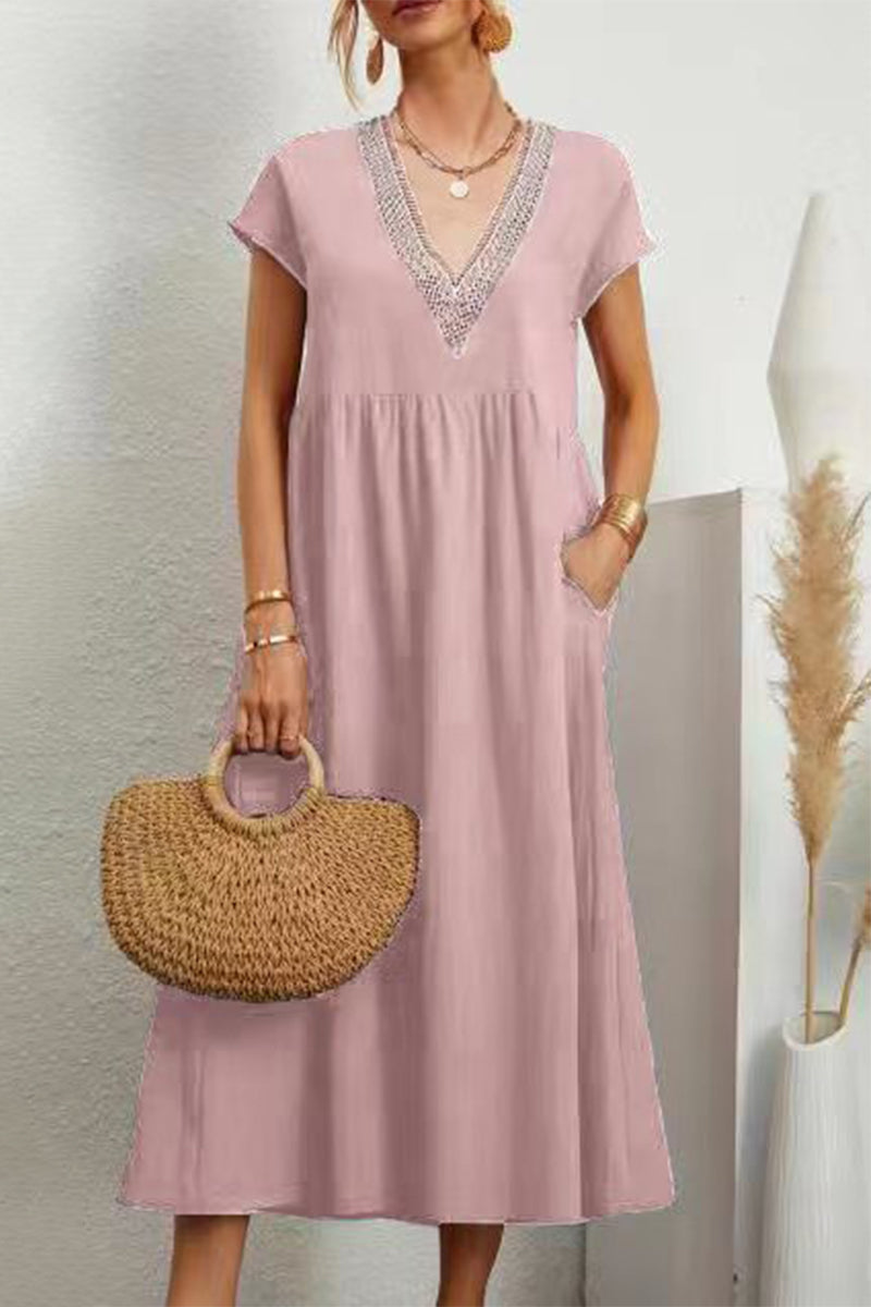 Casual Solid Color Pocket V Neck Short Sleeve Short Sleeve Dress