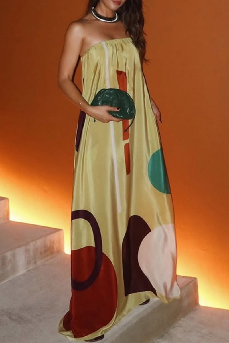 Robes longues décontractées à imprimé géométrique et sans bretelles avec contraste.