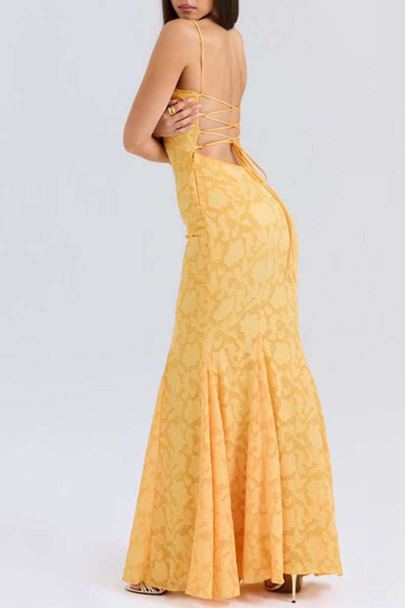 Robes sirène sexy, couleur unie, jacquard, dos nu, bretelles, col carré.