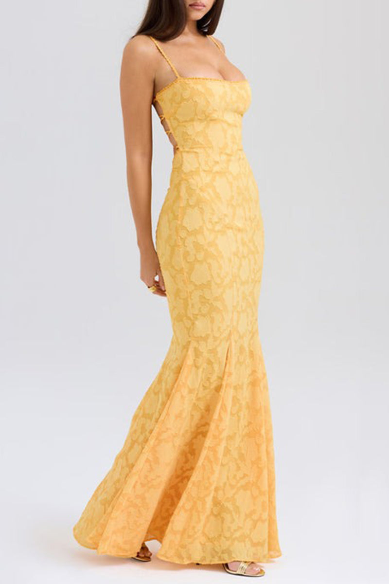 Robes sirène sexy, couleur unie, jacquard, dos nu, bretelles, col carré.