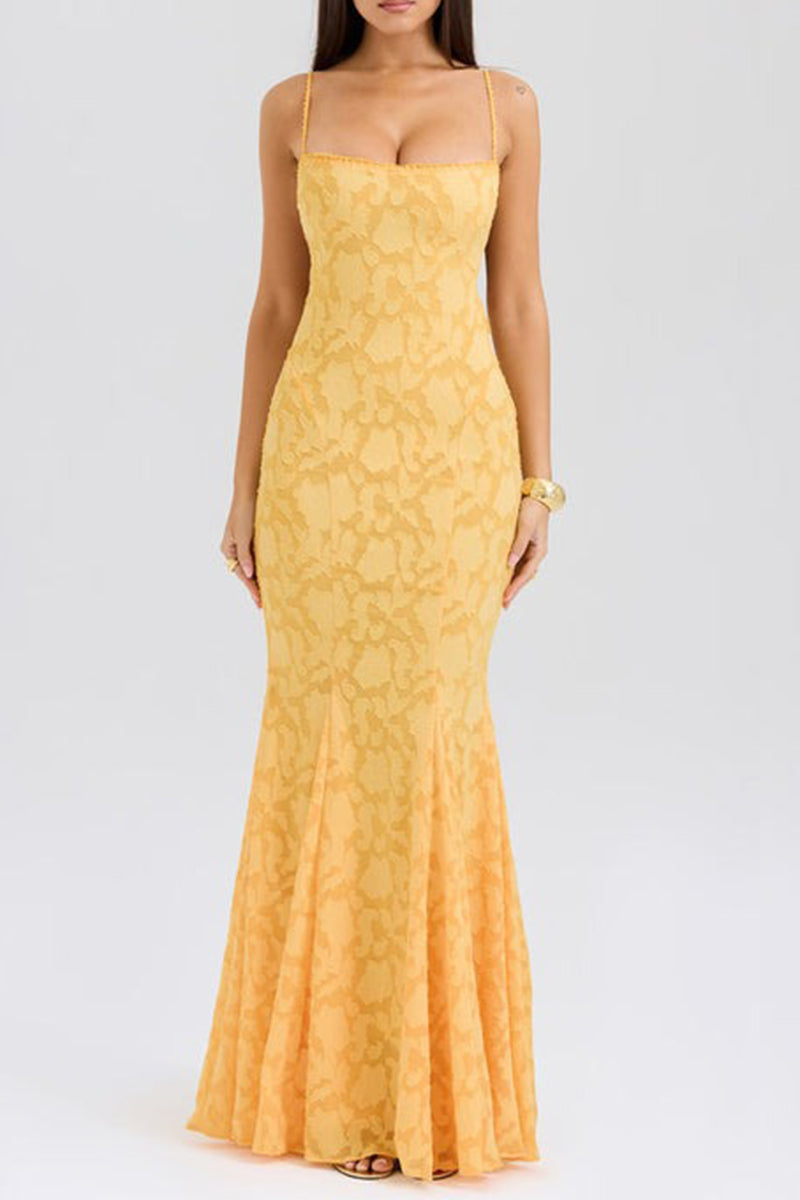 Robes sirène sexy, couleur unie, jacquard, dos nu, bretelles, col carré.