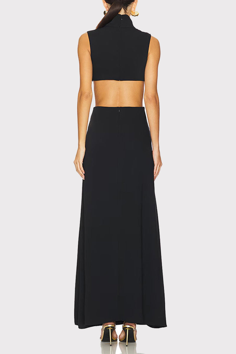 Sexy Solid Color Hollow Out Metal Accessories Trim Turtleneck Long Dresses