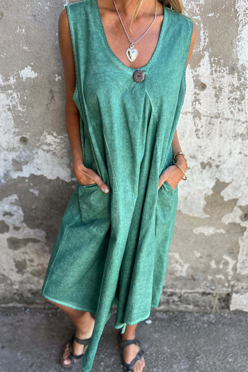 Casual Solid Color Pocket Buttons O Neck Sleeveless Dresses