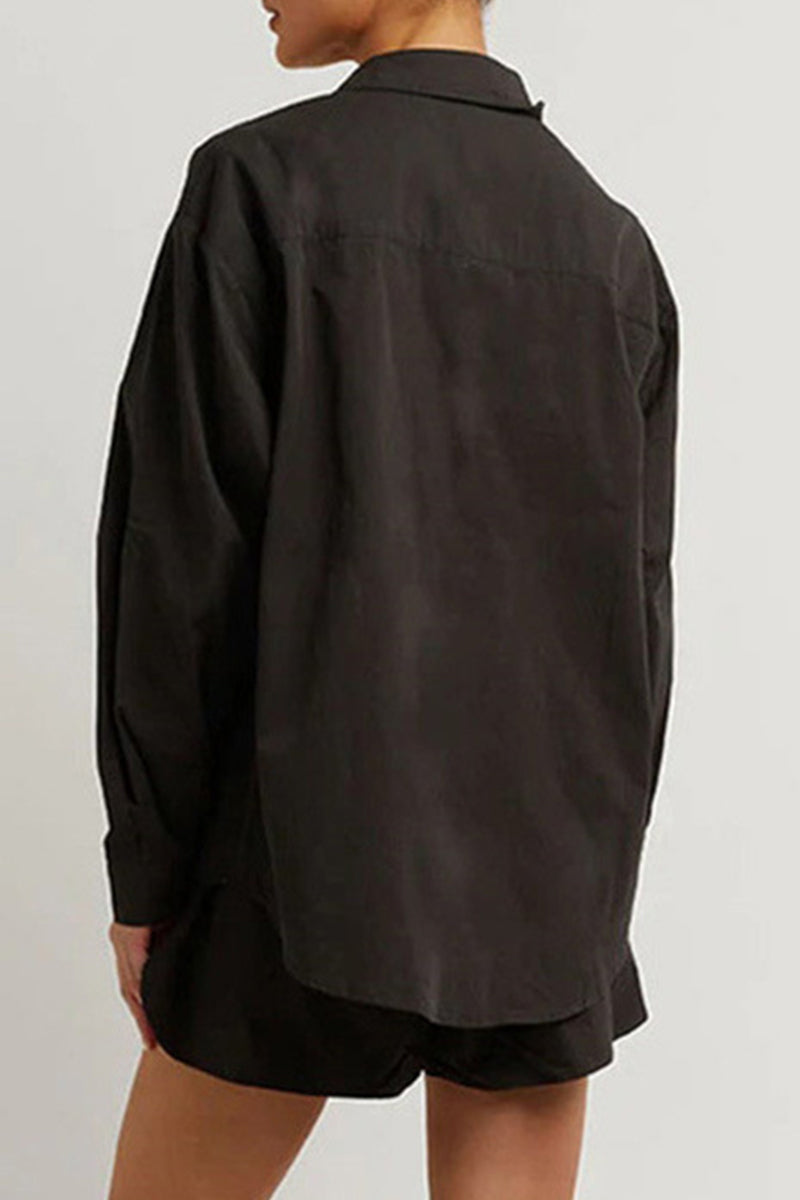 Ensemble trois pièces décontracté, couleur unie, avec poches et col montant, manches longues.