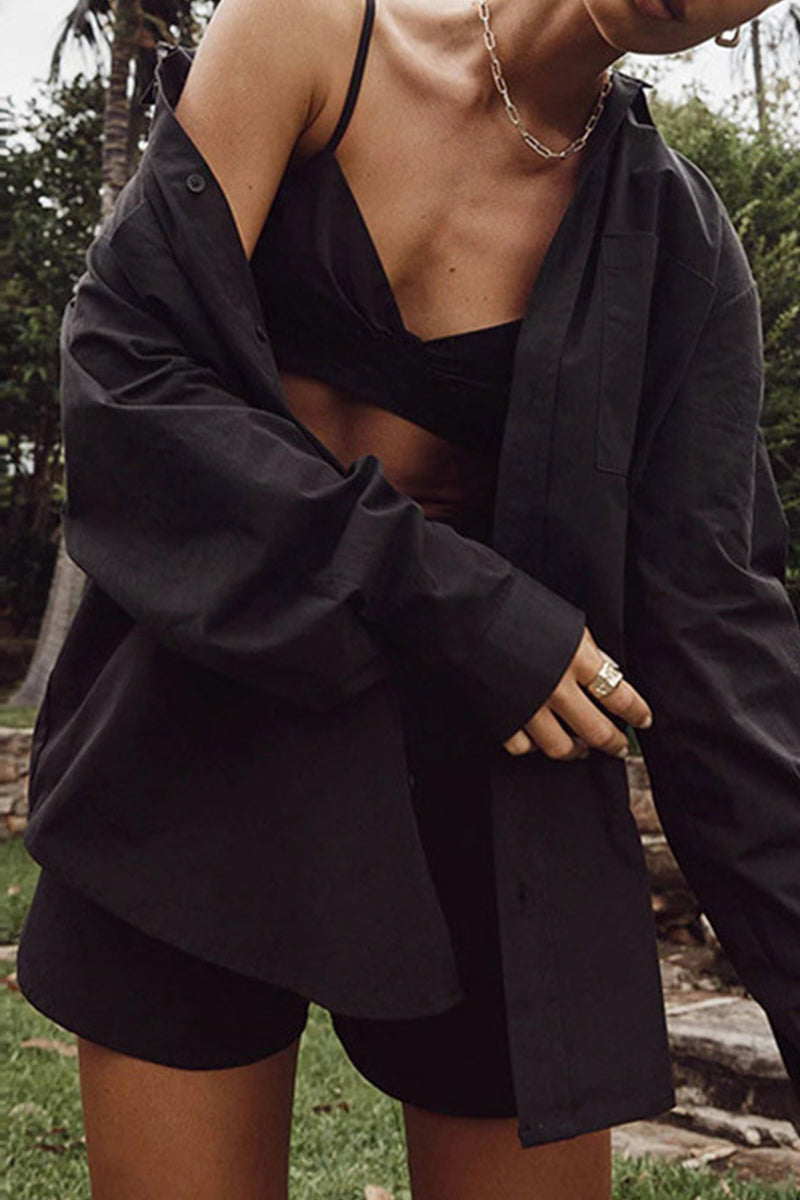 Ensemble trois pièces décontracté, couleur unie, avec poches et col montant, manches longues.