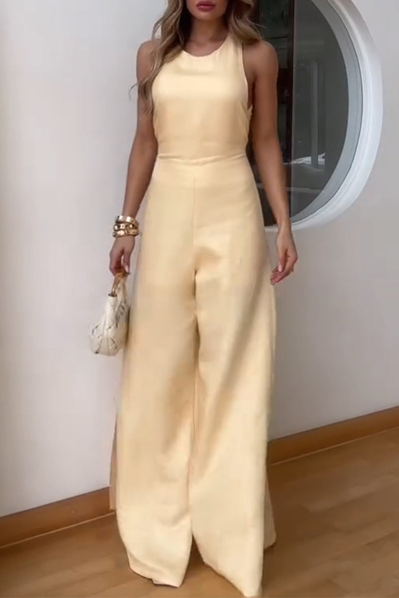 Combinaisons décontractées à col rond, en patchwork, couleur unie et fente.