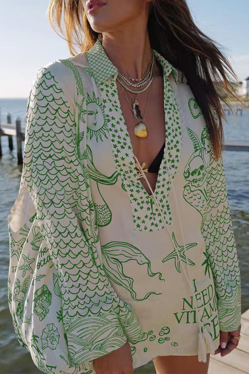 Casual Graffiti Print Tassel Contrast V Neck Long Sleeve Two Pieces