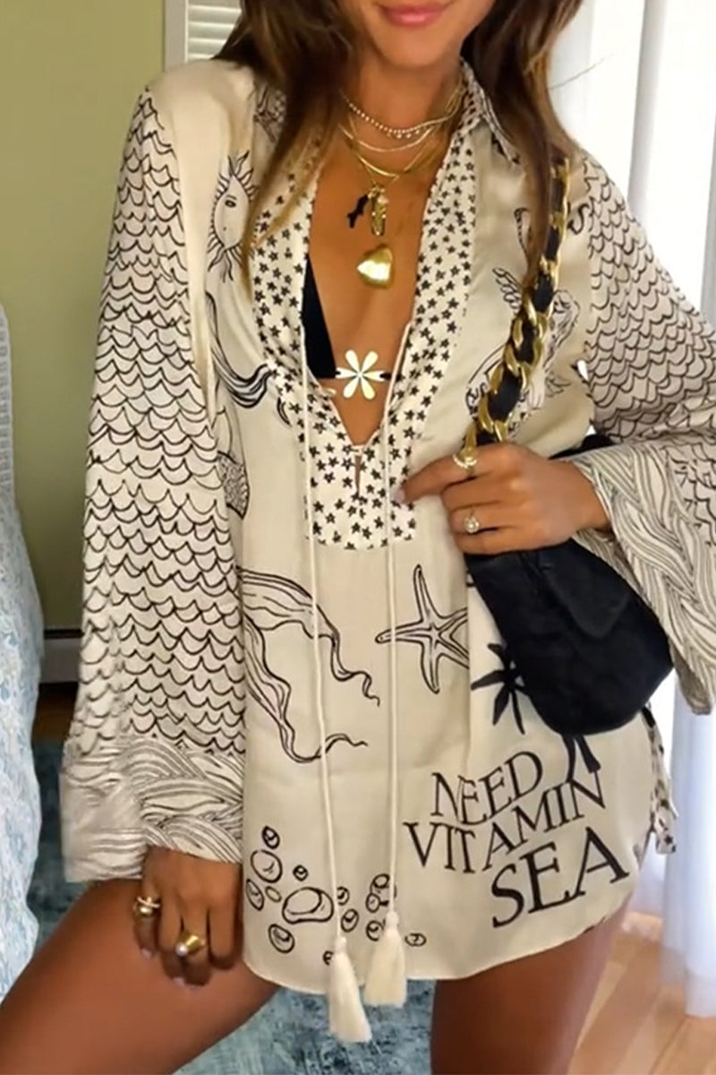 Casual Graffiti Print Tassel Contrast V Neck Long Sleeve Two Pieces