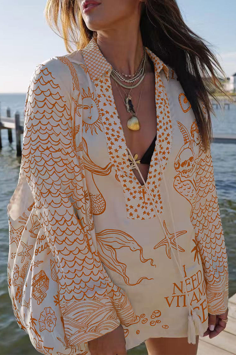 Casual Graffiti Print Tassel Contrast V Neck Long Sleeve Two Pieces