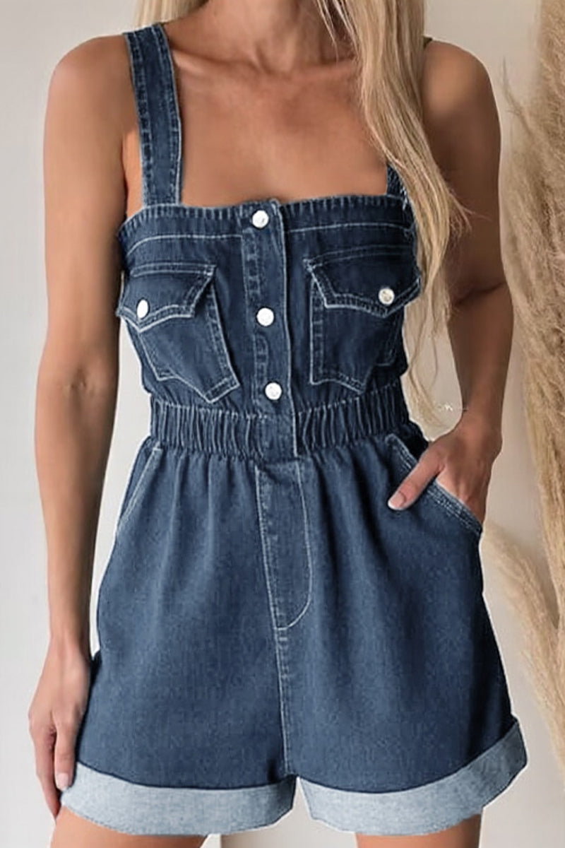 Combinaisons décontractées à col carré et poches, couleur unie.