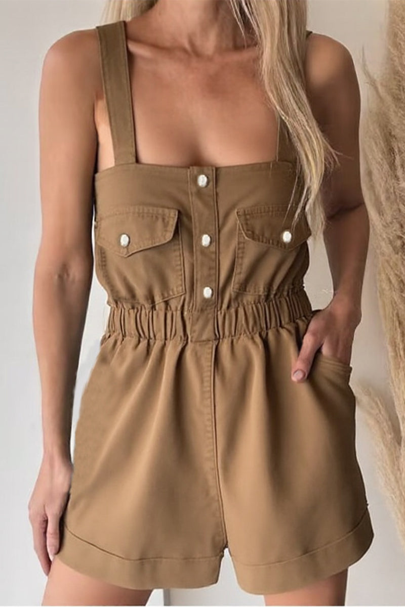 Combinaisons décontractées à col carré et poches, couleur unie.