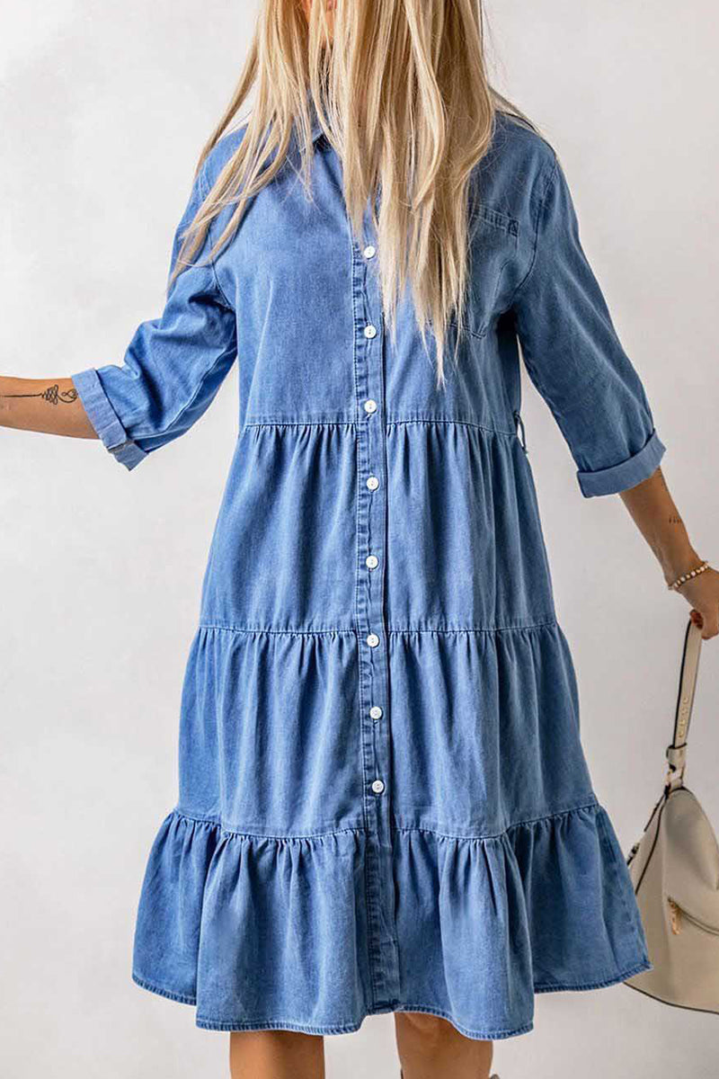 Casual Street Solid Patchwork Turndown Collar Nine Points Sleeve Loose Denim Dresses