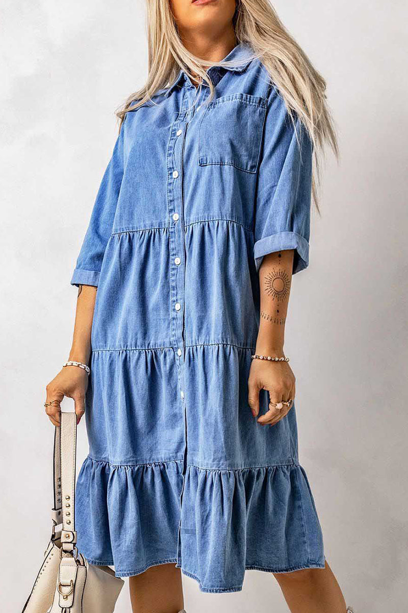 Casual Street Solid Patchwork Turndown Collar Nine Points Sleeve Loose Denim Dresses