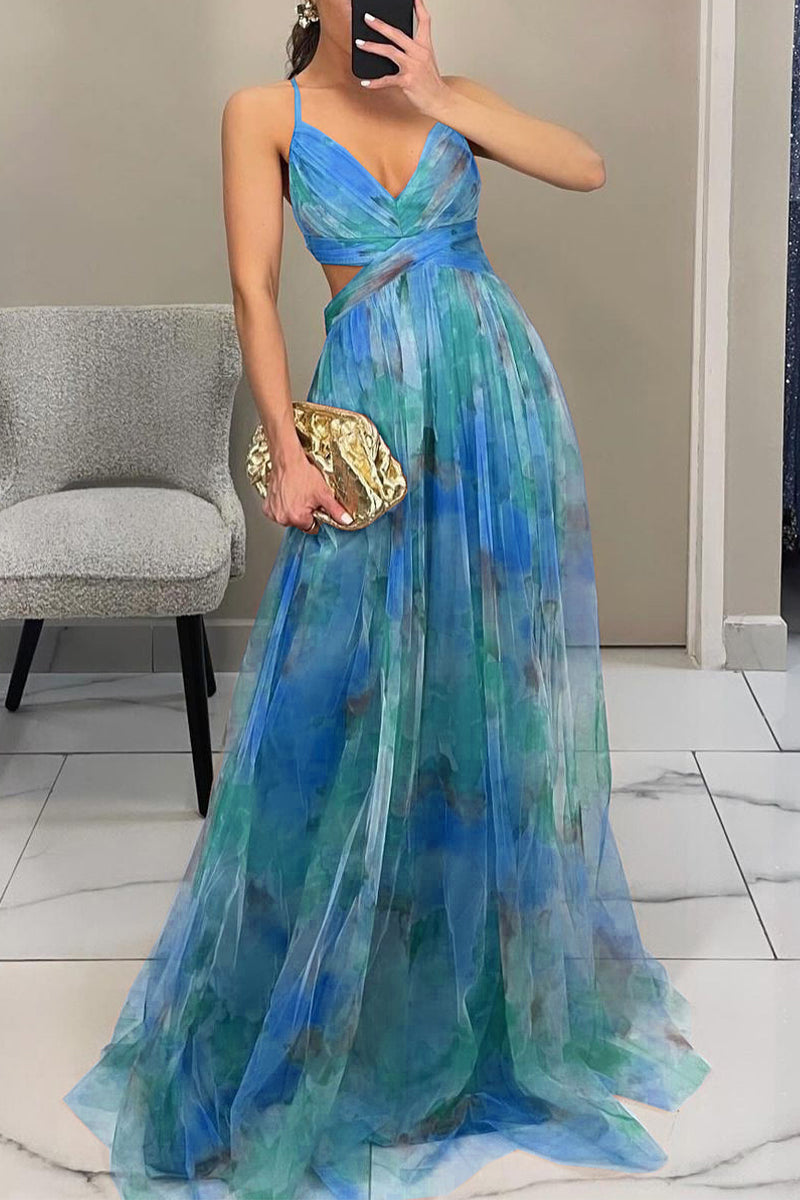 Sexy Gradient Print Backless Contrast V Neck Long Dresses