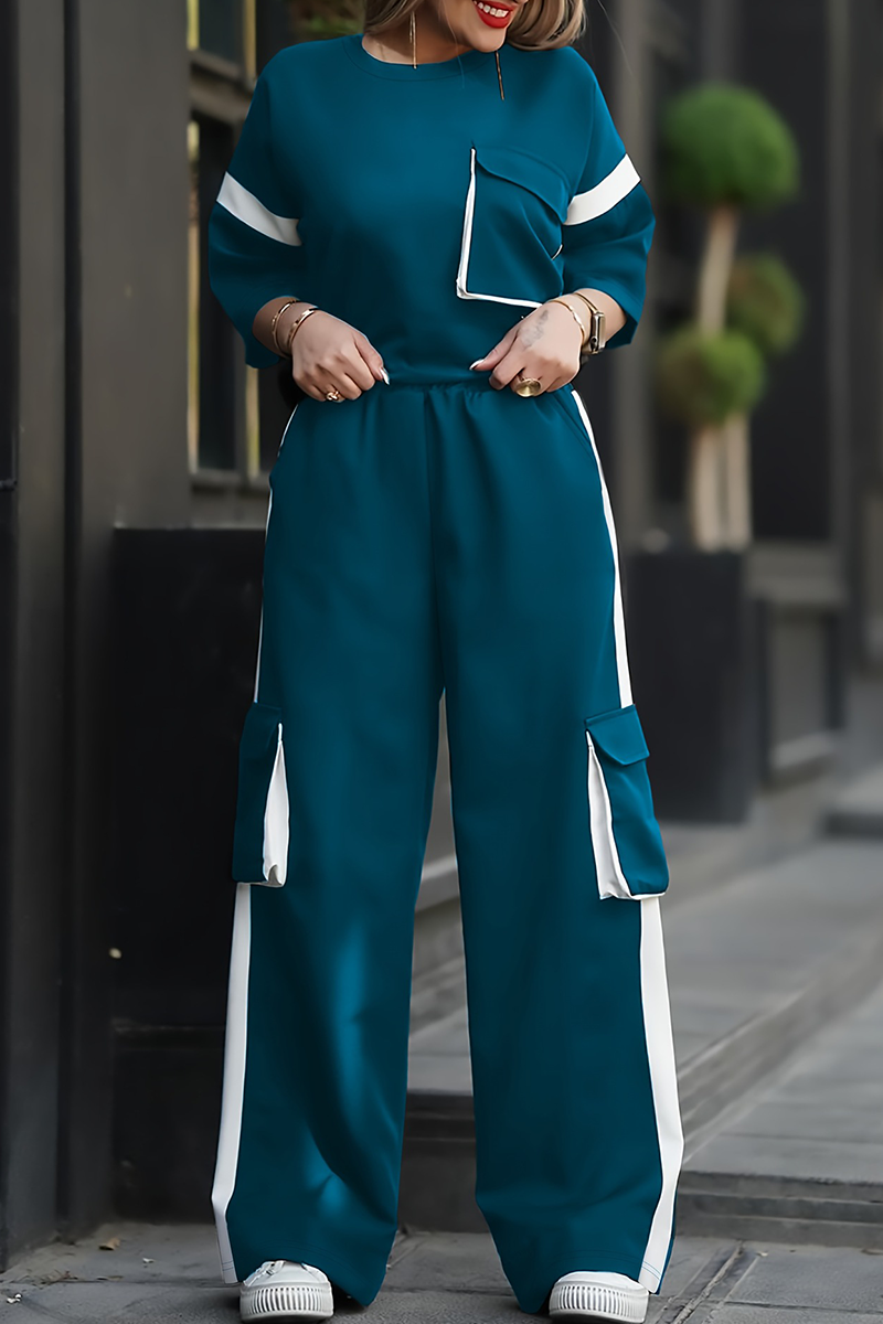 Casual Solid Color Pocket Contrast O Neck Half Sleeve Two Pieces