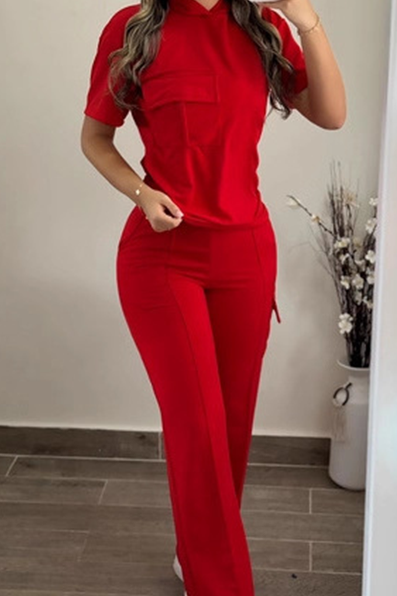 Casual Solid Color Pocket Hooded Short Sleeve Two Pieces
