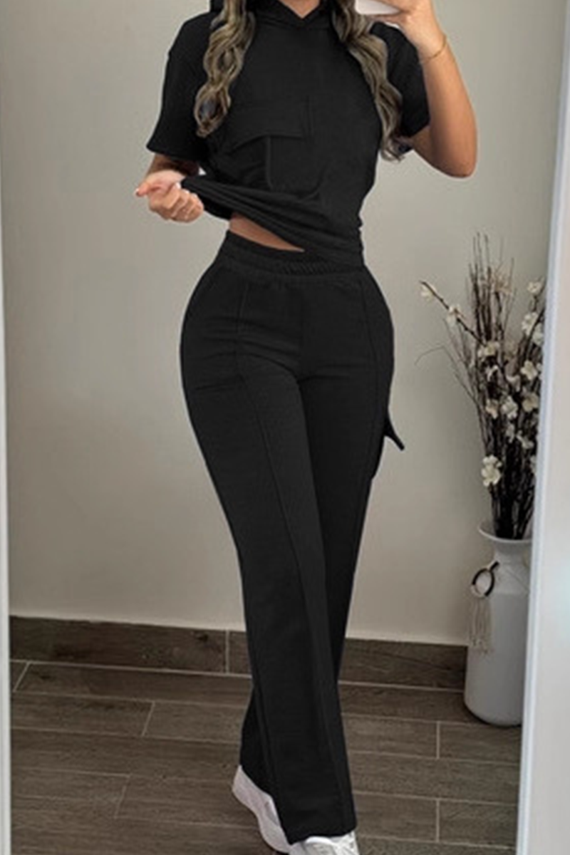 Casual Solid Color Pocket Hooded Short Sleeve Two Pieces