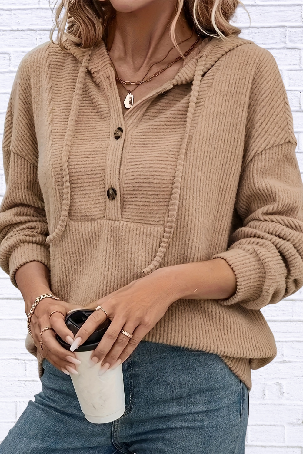 Button-Front Drawstring Hoodie