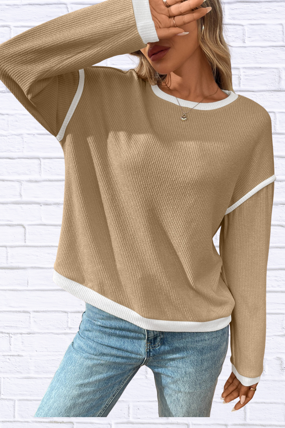 Ribbed Contrast Trim Long Sleeve Top