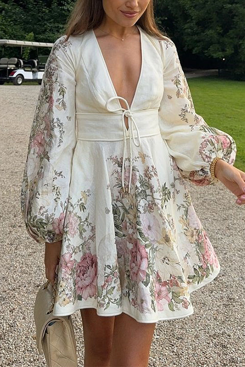 V Neck Lantern Sleeves Floral Print A-line Mini Dress