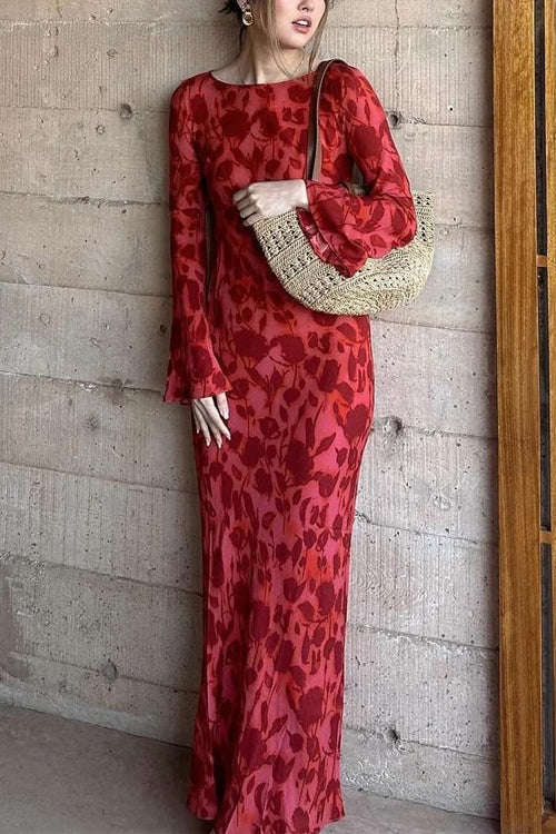 Bell Long Sleeves Floral Print Maxi Dress
