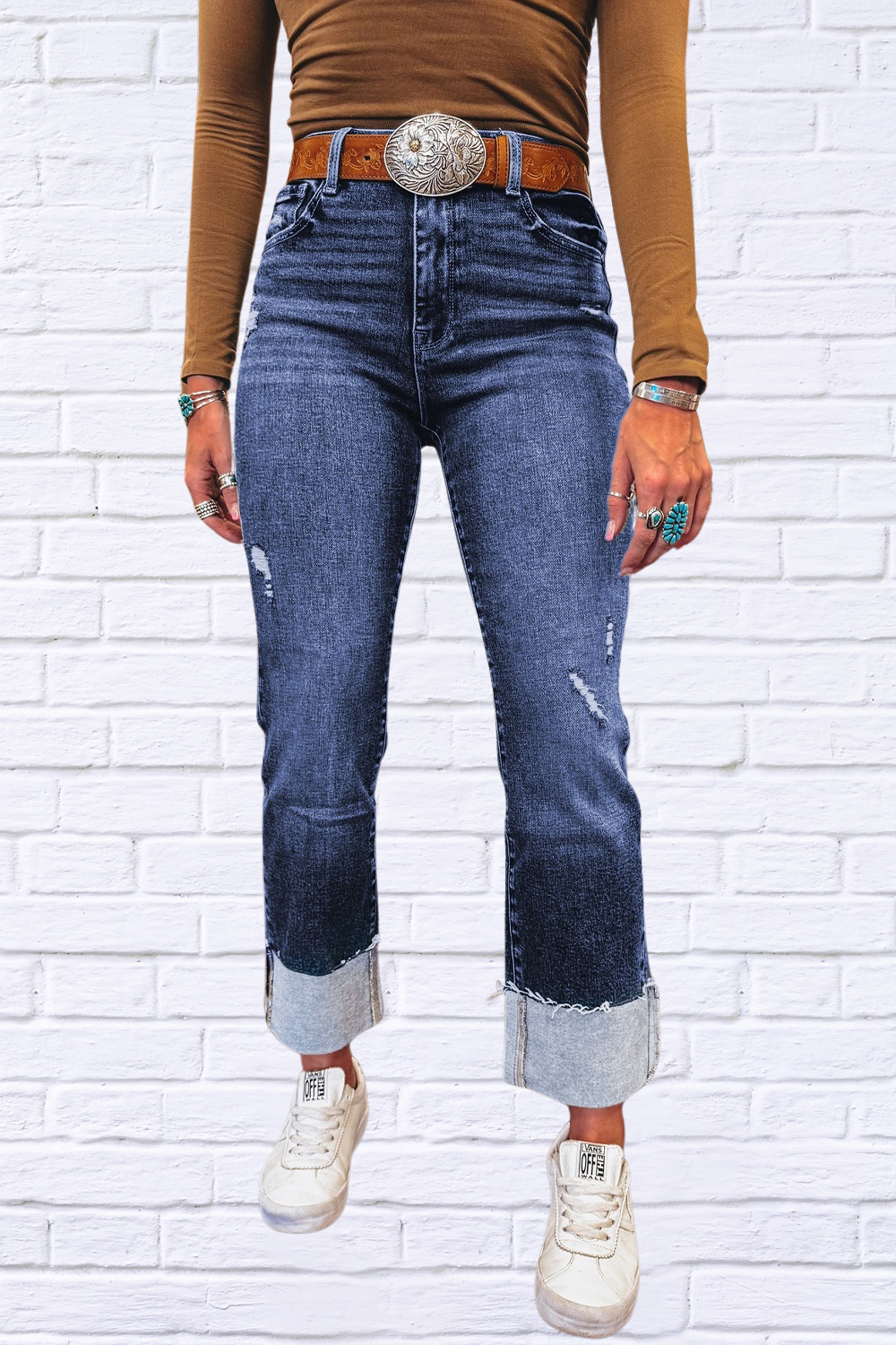 Folded Cuffs Distressed Straight High Waist Jeans