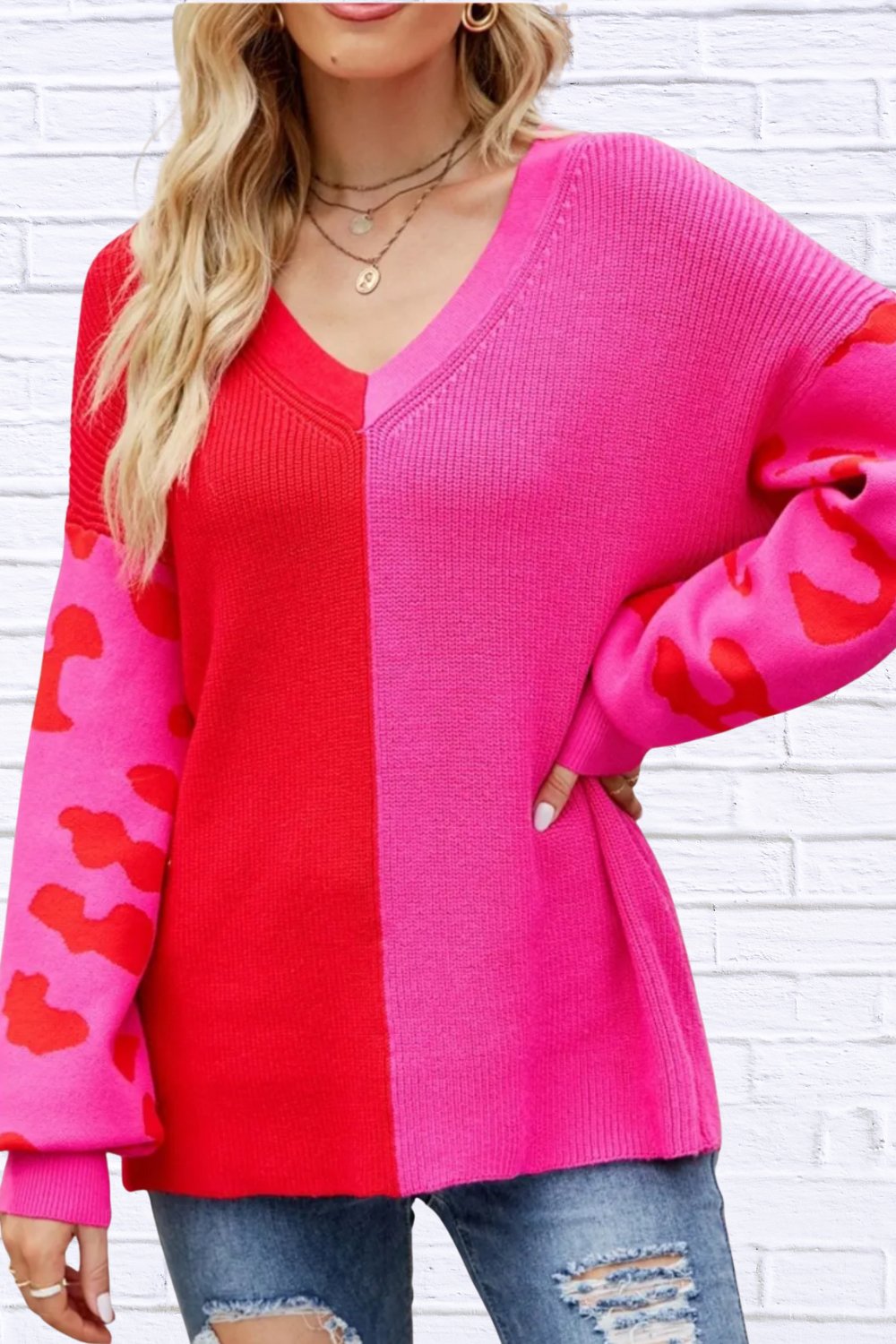 Color Block Leopard V-Neck Sweater