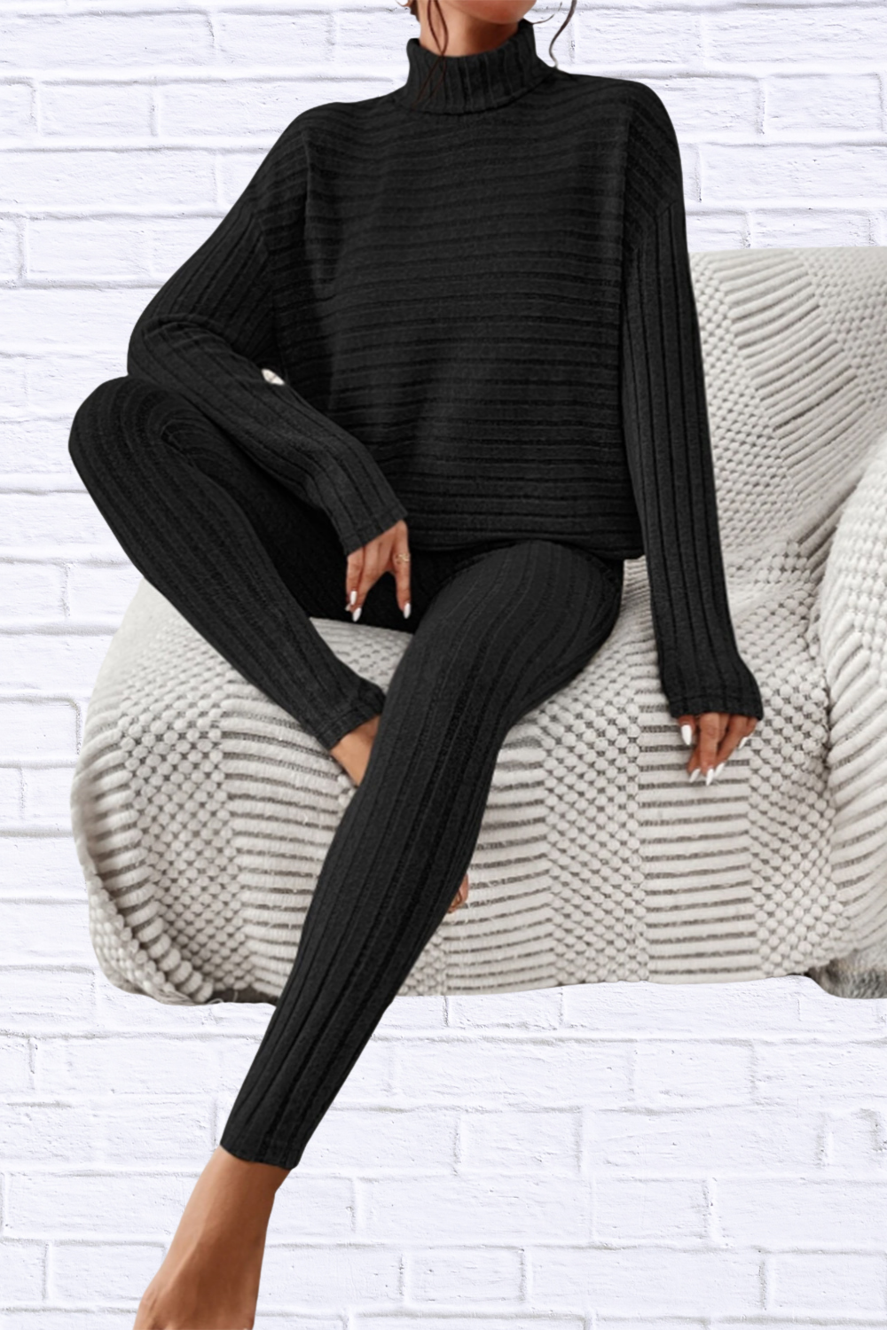Ribbed Turtleneck Top and Pants Set