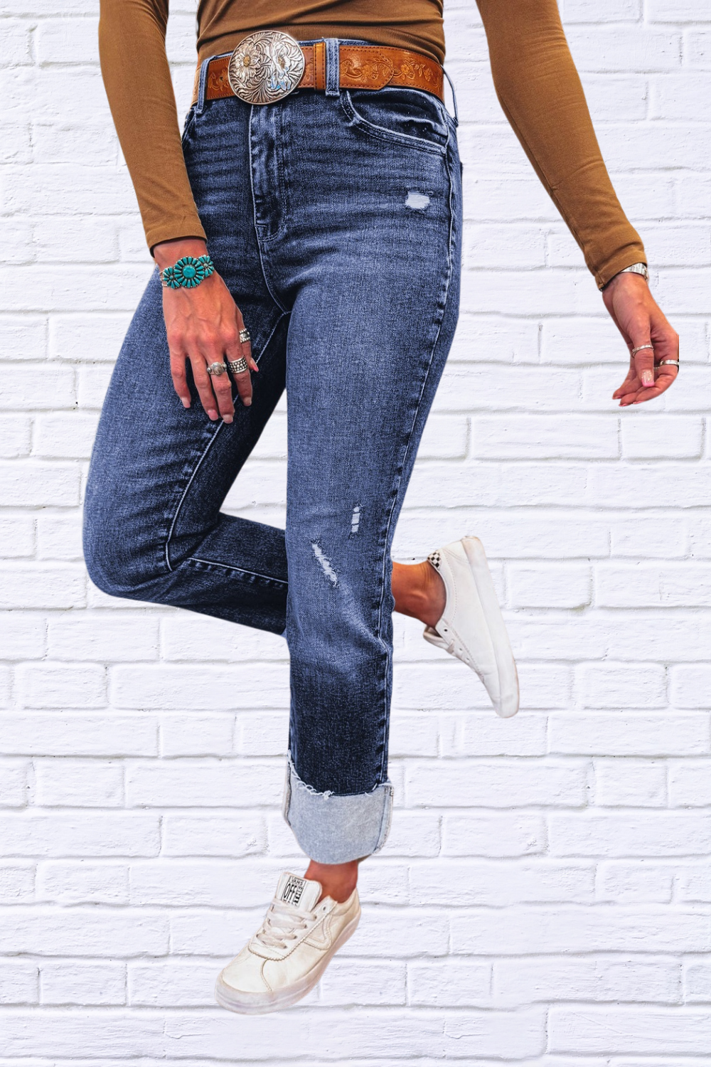 Folded Cuffs Distressed Straight High Waist Jeans