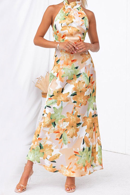 Tie Neck Backless Floral Printed Maxi Flowy Dress