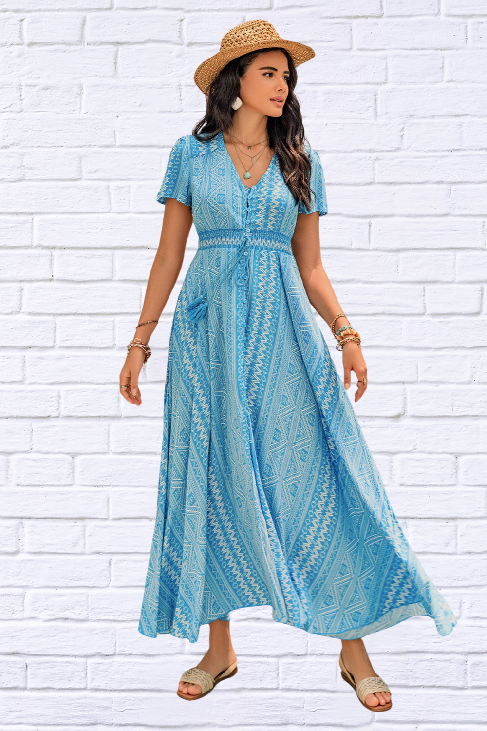 Sky Blue Printed Button Down Short Sleeve Maxi Dress