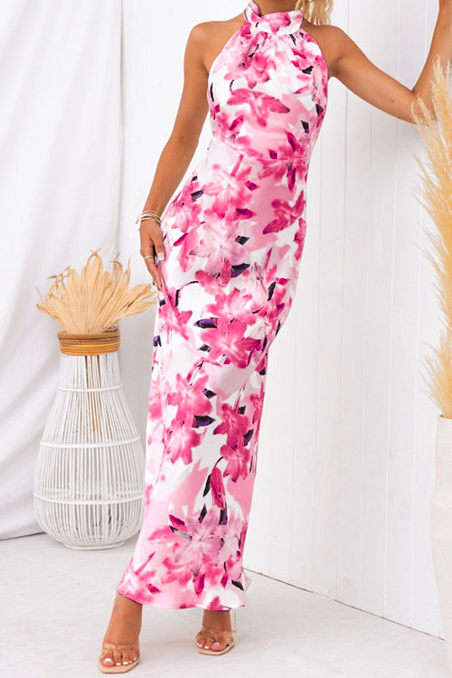 Tie Neck Backless Floral Printed Maxi Flowy Dress Red