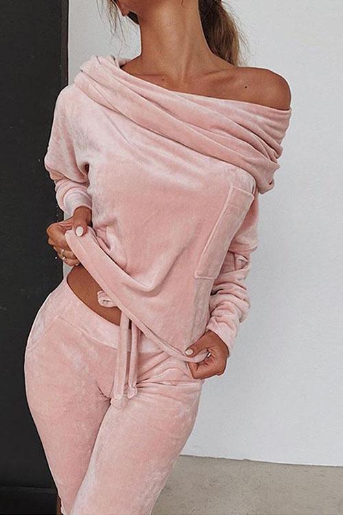 Keeley Off Shoulder Drawstring Top Long Pants Set Pink
