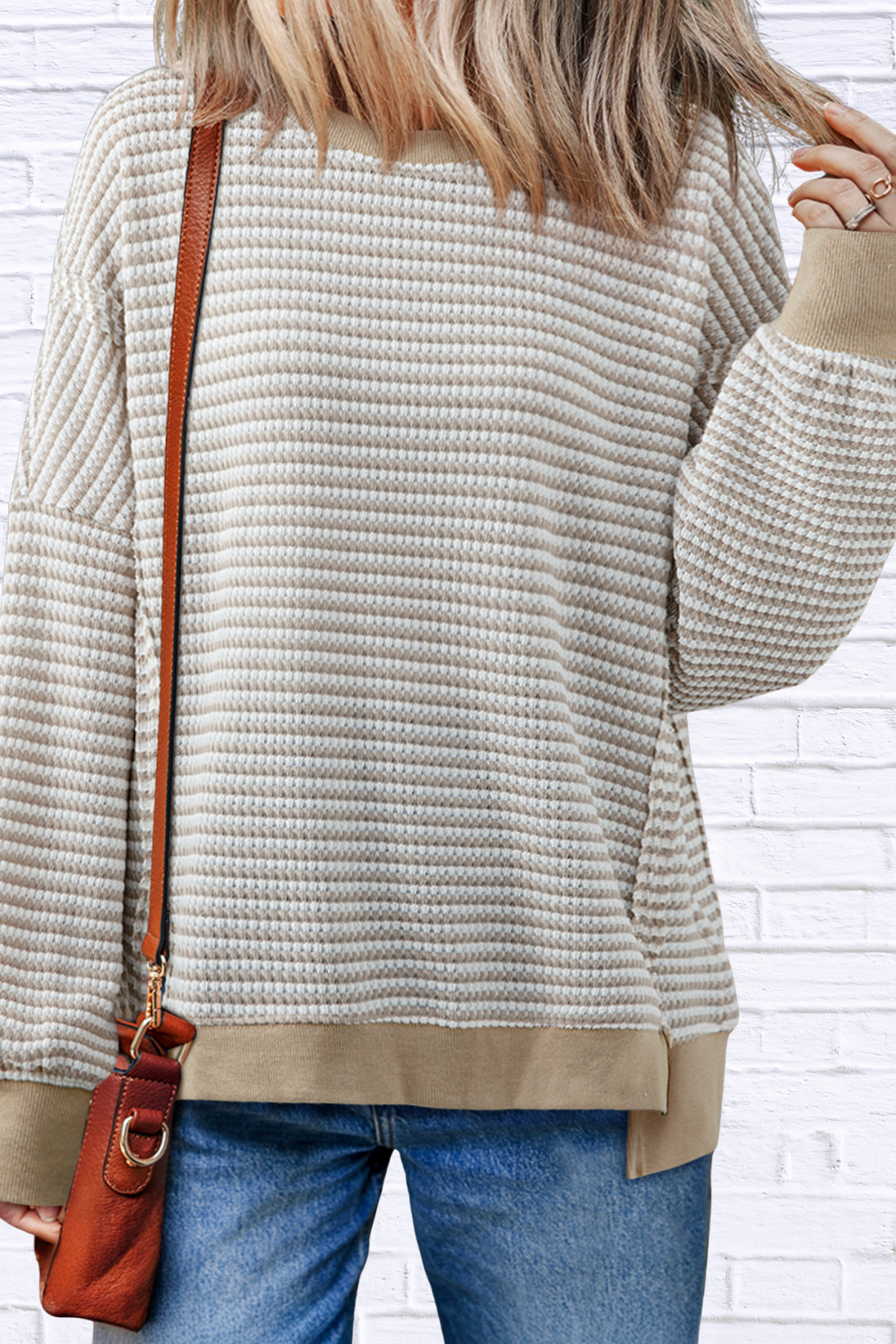 Stripe Ribbed Trim Drop Shoulder Long Sleeve Oversize Top