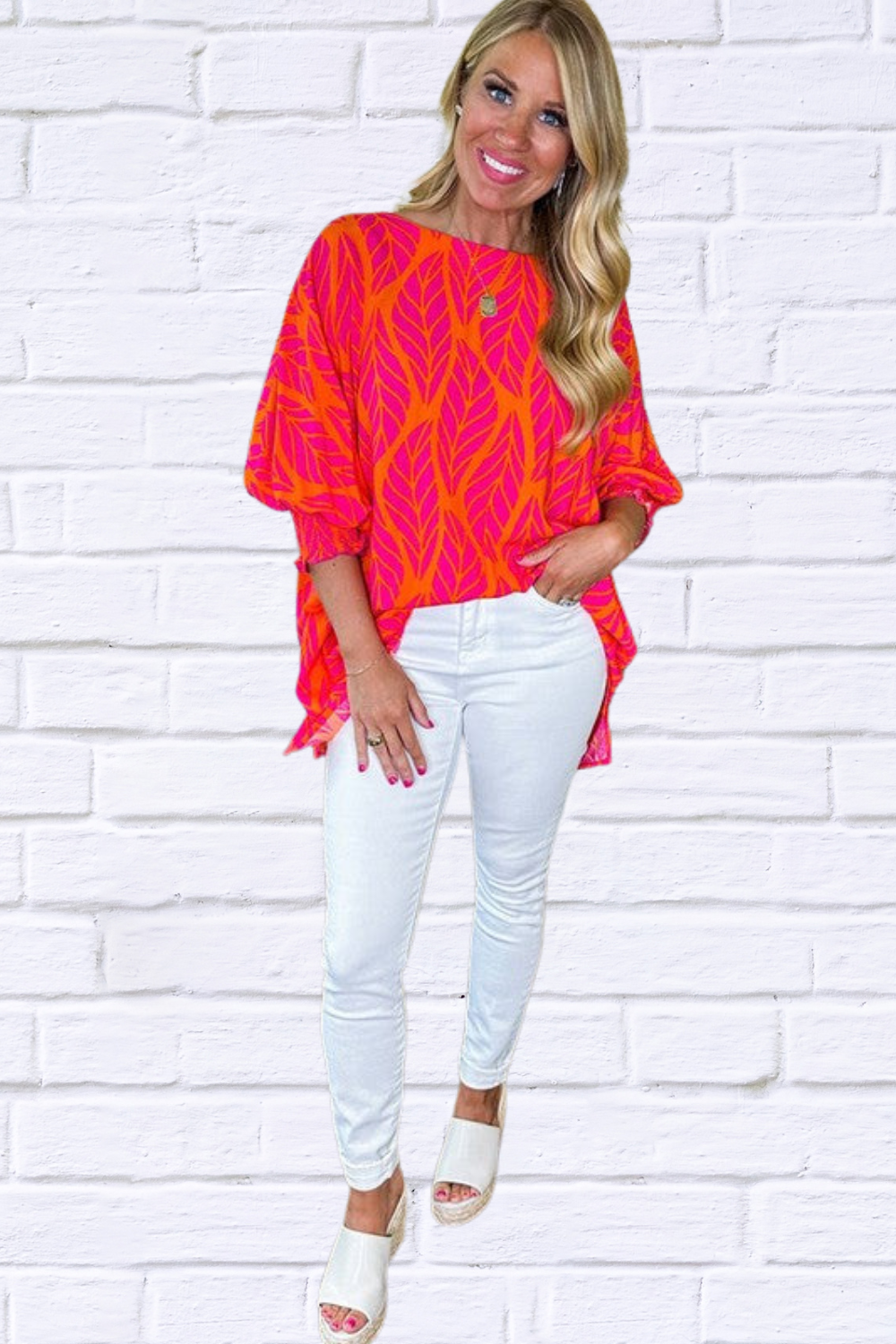 Women Leaf Print Smocked Puff Sleeve Blouse