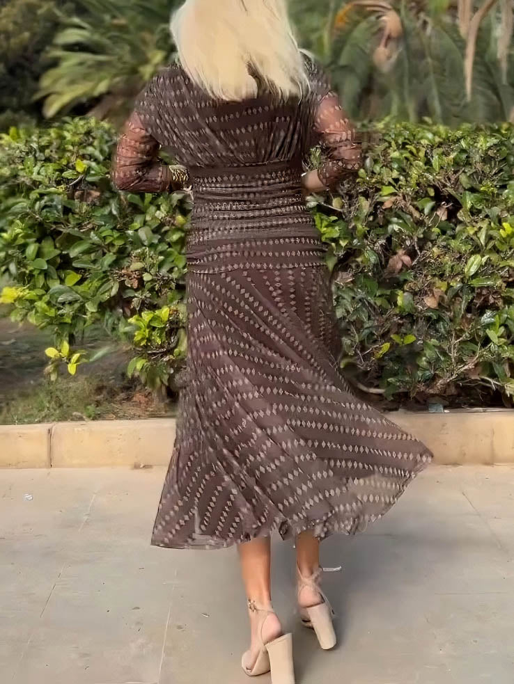 Elegant Retro Bohemian Style V-neck Mesh Print Maxi Dress