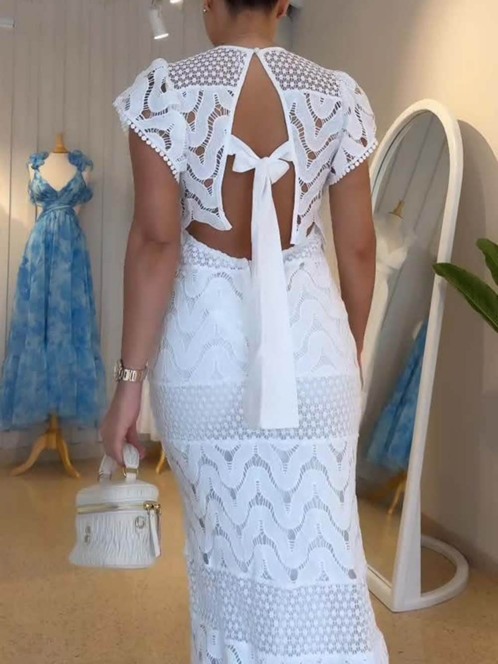 Retro Wave Dot Embroidery Lace Back Tie-up Top and Elastic Waist Maxi Skirt Set