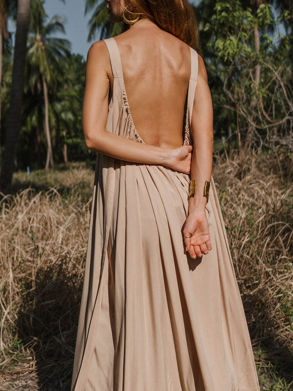 Elegant Square Neckline Beige Backless Flowing Ties Maxi Dress