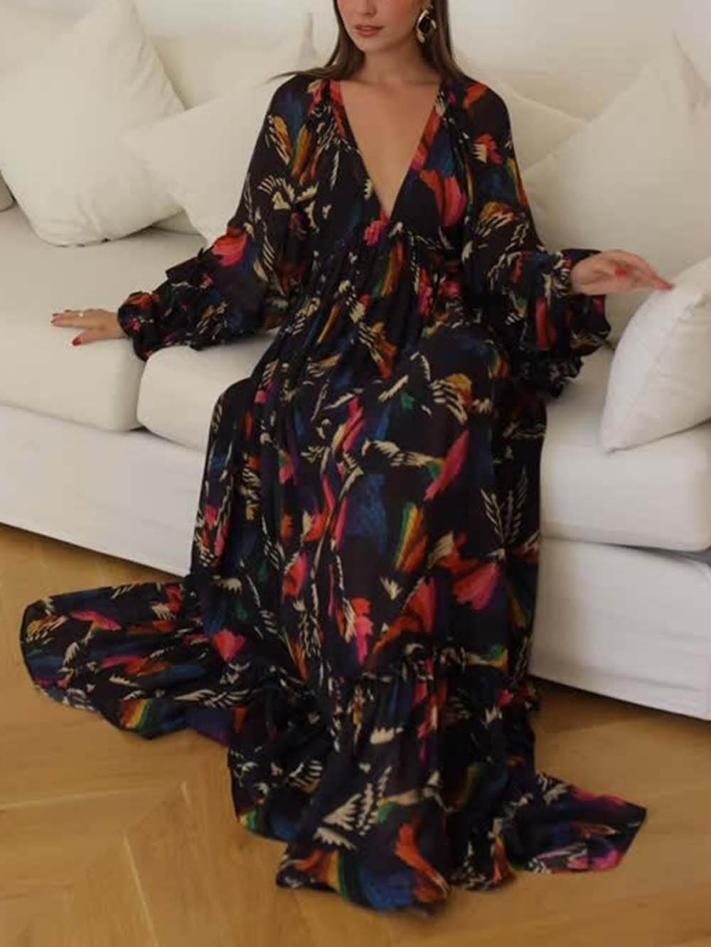 Delicately Patterned V-Neck Ruffle Sleeve Details Maxi Dress