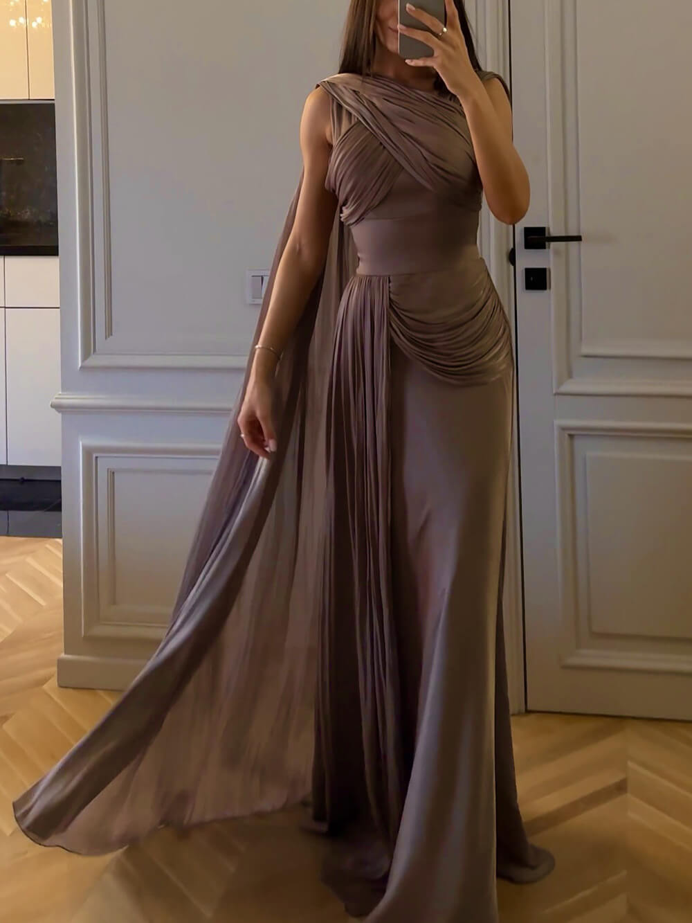 Elegant Draped Sash Satin Evening Gown Maxi Dress