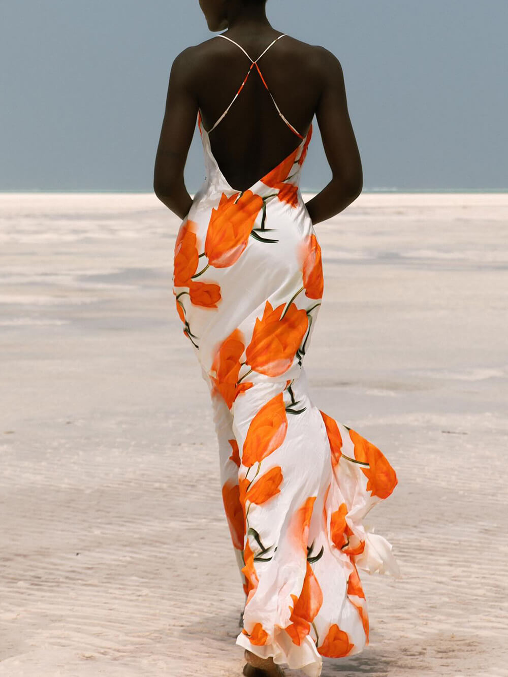 Exquisite Satin Open Back Floral Print Maxi Dress