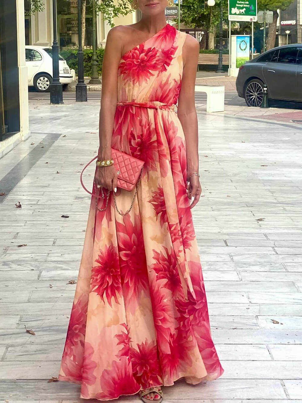 Elegant One-Shoulder Floral Print Tie-Waist Maxi Dress