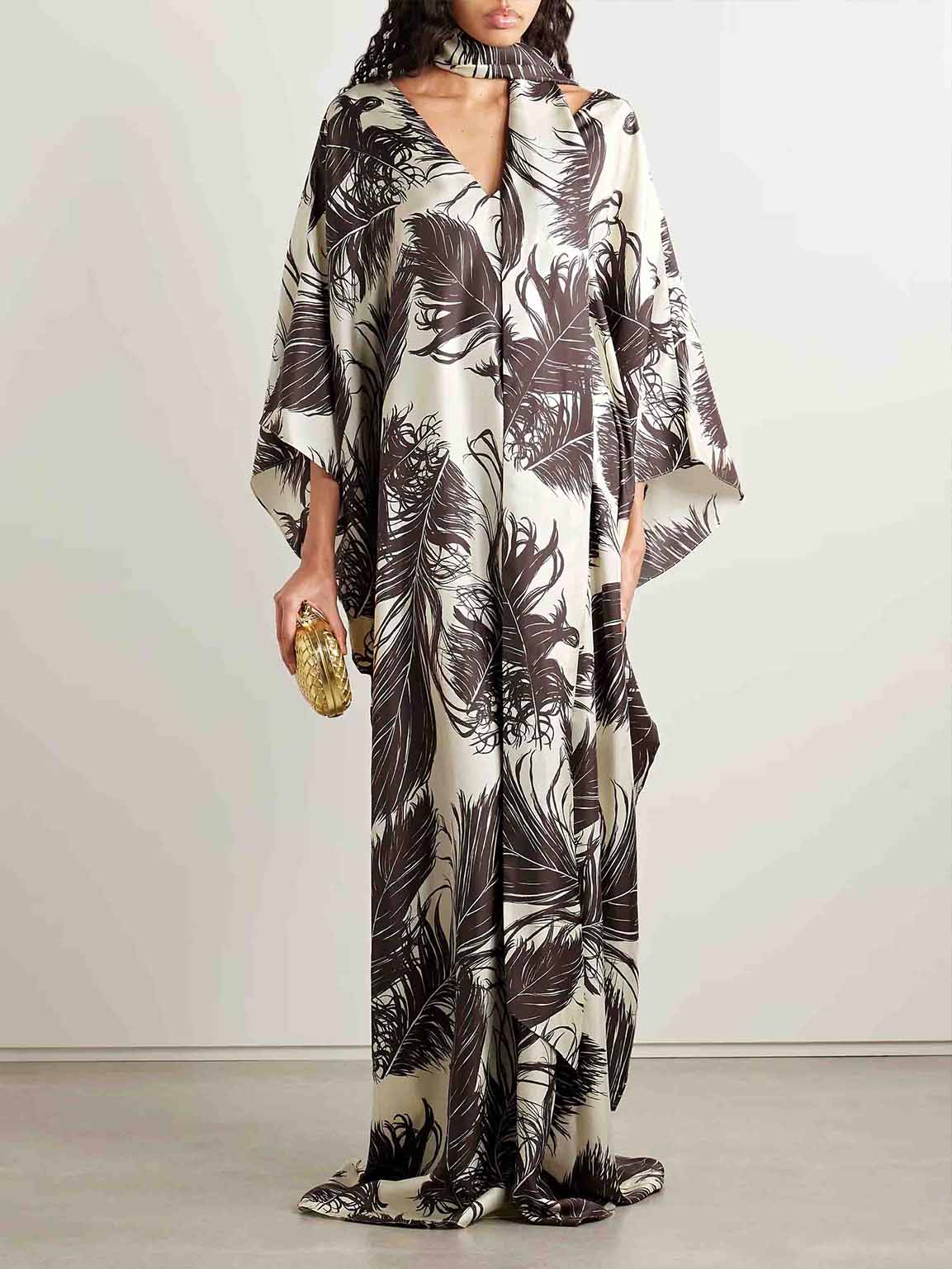 Elegant Satin Feather Print Batwing Sleeve Maxi Dress